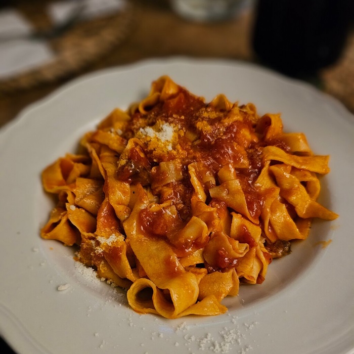 Homemade fettuccine with tomato sauce from a pasta-making class in Rome Appetizing plate of fettuccine with tomato sauce made during a pasta-making class in Rome