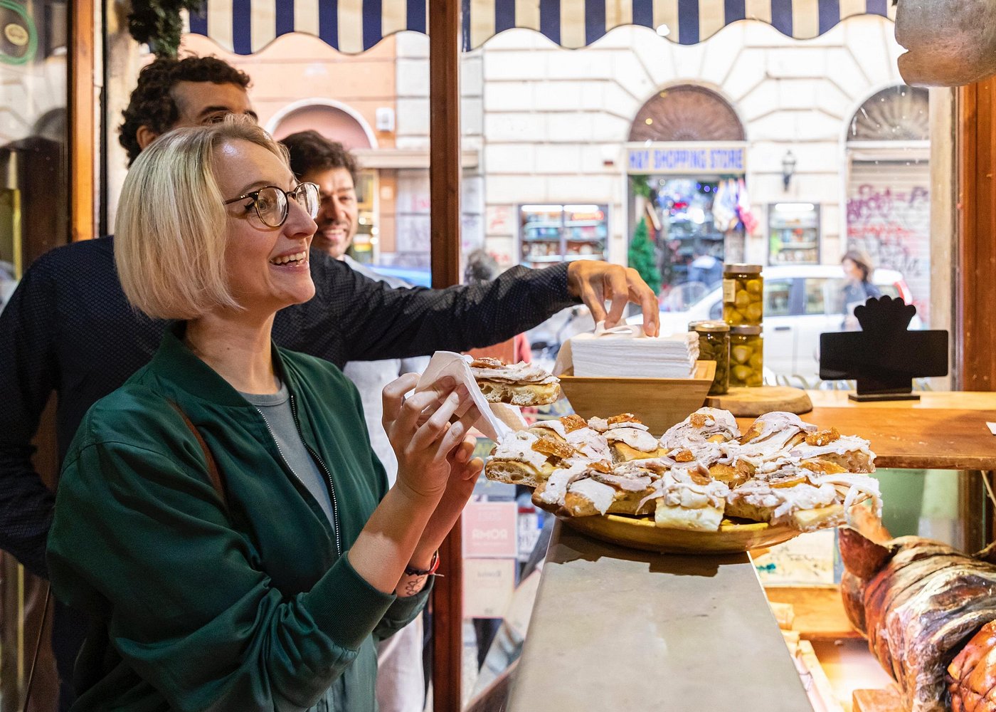Enjoy juicy porchetta on the Twilight Trastevere Food Tour in Rome Juicy porchetta served on the Twilight Trastevere Food Tour in Rome