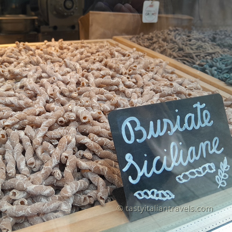 Close-up of busiate pasta, a twisted spiral-shaped Sicilian pasta