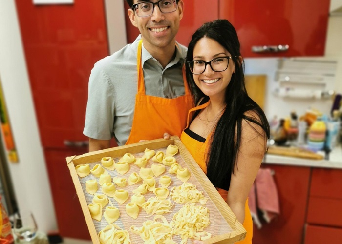 Freshly made tortelloni and tagliatelle prepared during a traditional Bologna cooking class
