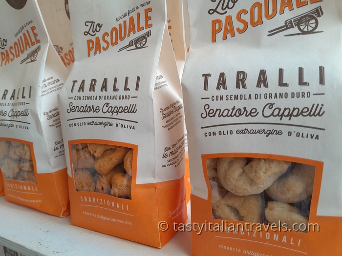 Pack of traditional Puglian taralli bought in Monopoli, Italy — a popular local snack and foodie souvenir