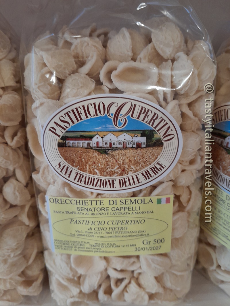 Handmade orecchiette pasta with a rough, textured surface, bought in Monopoli, Puglia