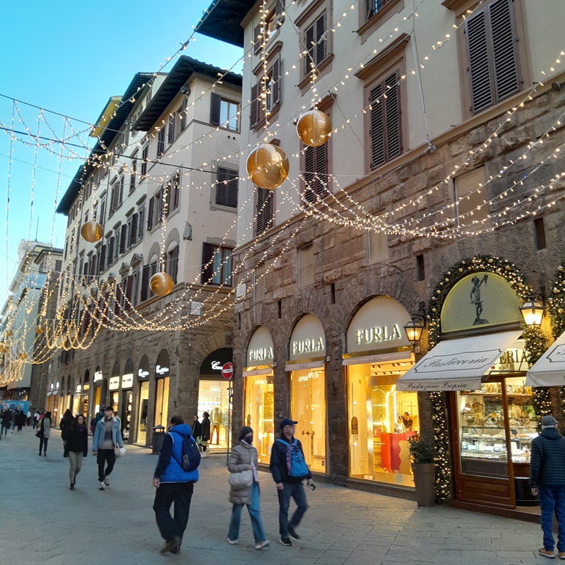 Via de’ Tornabuoni in Florence with luxury designer boutiques for Italian fashion, shoes, handbags, and accessories