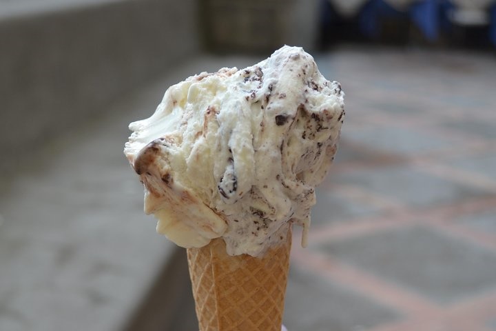 Stracciatella gelato, made with fresh milk and cream and studded with dark chocolate is invented in Bergamo